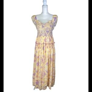 Wedding Guest Event Floral Yellow and Purple Maxi Ruffle Dress